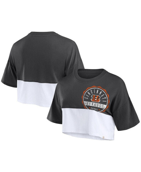 Women's Black, White Cincinnati Bengals Boxy Color Split Cropped T-shirt
