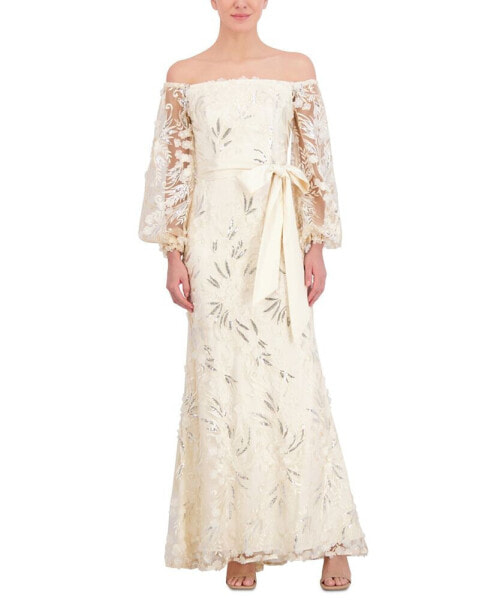 Women's Sequin Embroidered Balloon-Sleeve Gown