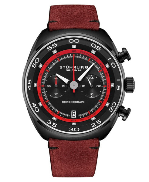 Men's Chrono Red Genuine Leather Strap Watch with Tachymeter 44mm