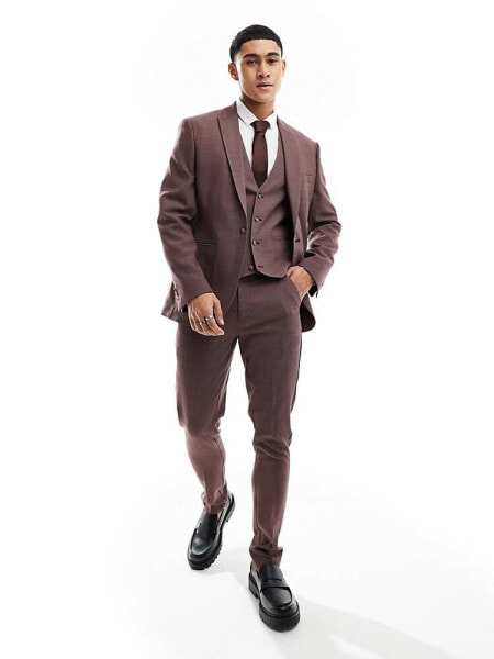 ASOS DESIGN wedding skinny suit jacket in burgundy microtexture