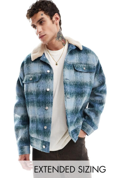 ASOS DESIGN oversized wool look trucker jacket in blue check with borg collar