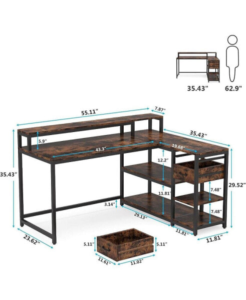 Reversible L Shaped Desk with Drawer, Industrial L Corner Desk Table with Storage Shelves and Monitor Stand, Rustic Wooden and Metal PC Desk for Home Office