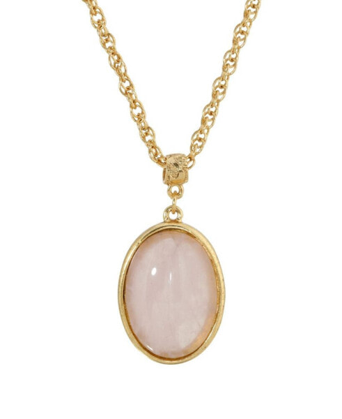 14K Gold Plated Semi Precious Rose Quartz Oval Pendant Necklace