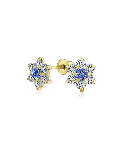 Tiny Royal Blue CZ Flower Stud Earrings For Women For Cubic Zirconia Royal Blue 14KGold Screw back