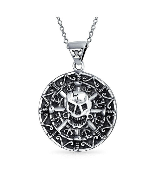 Round Coin Heavy Large Medallion Caribbean Aztec Pirates Skull Pendant Necklace Oxidized Sterling Silver