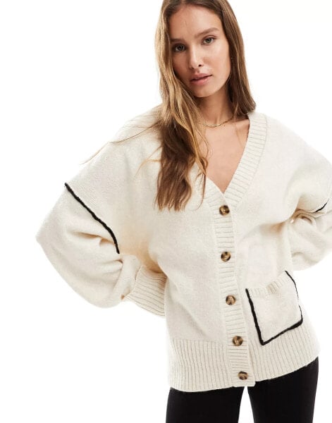 ASOS DESIGN chunky cardigan with contrast seams and pocket in cream