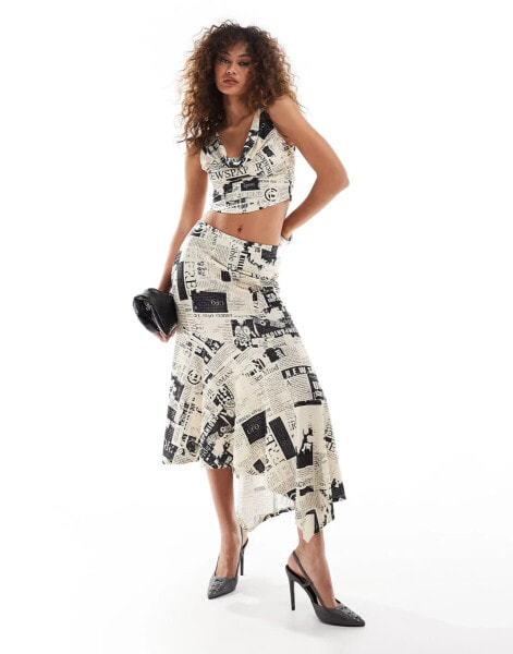 Something New hanky hem midi skirt co-ord in newspaper print