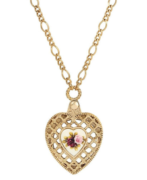 Gold-Tone Pink Flower Heart Mirror Pendant Necklace