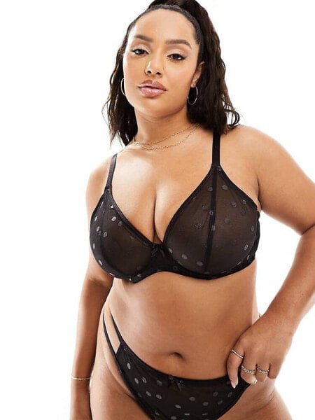 Ivory Rose Curve high apex sheer mesh bra in black lurex spot