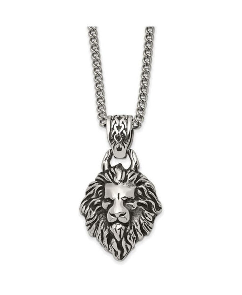 Antiqued Small Lion Head Swirl Design Pendant Curb Chain Necklace