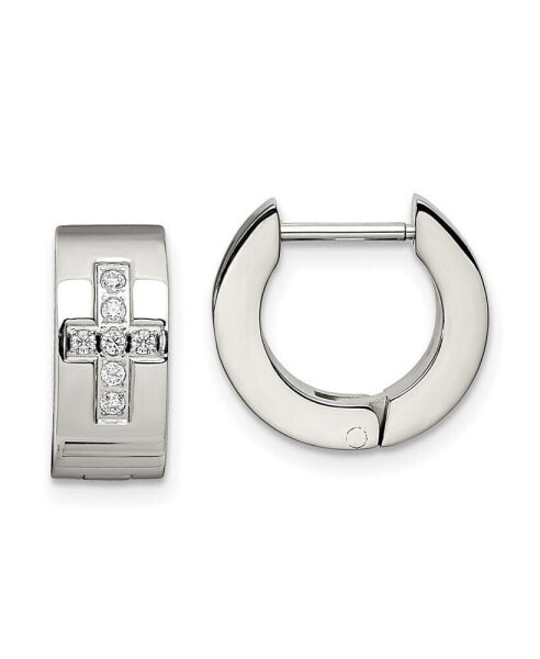 Stainless Steel Brushed Polished CZ Cross Hinged Hoop Earrings