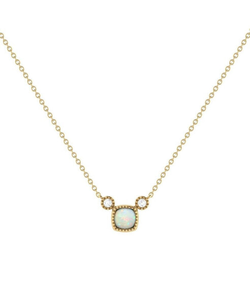 Cushion Cut Opal Gemstone, Natural Diamond 14K Yellow Gold Birthstone Necklace