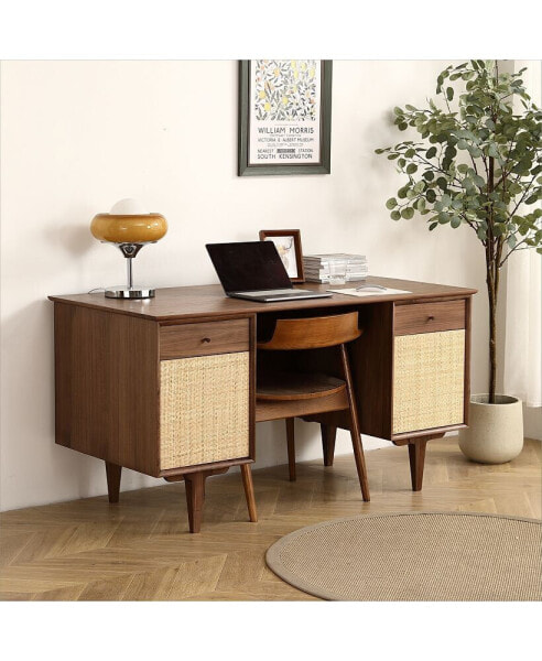 Black Walnut Desk With Natural Rattan Net - Large Home Office Workstation With Storage 57.09 Inch