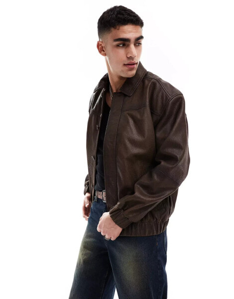 ASOS DESIGN oversized real leather harrington jacket in washed brown