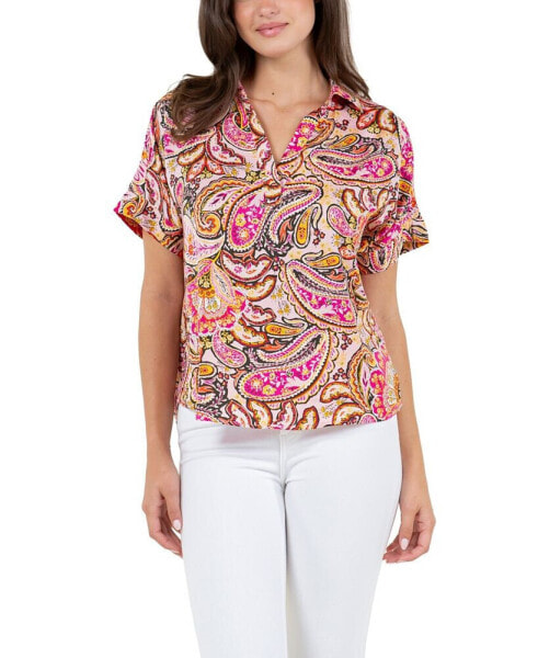 Women's Printed Satin Like Top with Collar