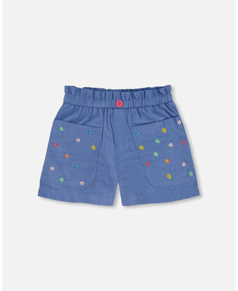 Girl Chambray Short With Embroidered Flowers - Toddler|Child