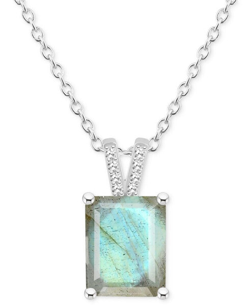 Labradorite & Diamond Accent Emerald-Cut 18" Pendant Necklace in Sterling Silver (Also in Onyx)