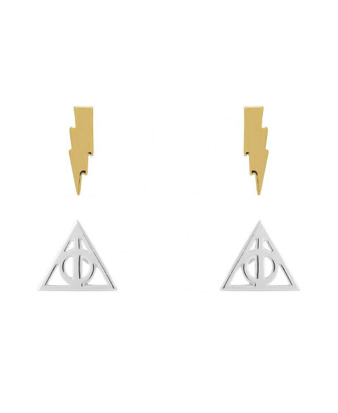 Gold and Silver Flash Plated Stud Earring Sets - Lighting Bolt and Deathly Hallows - 2 Pairs