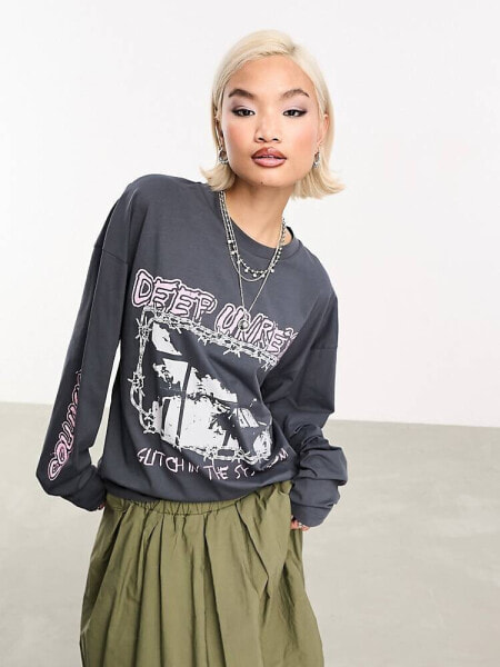 COLLUSION washed graphic long sleeve oversized t-shirt in grey