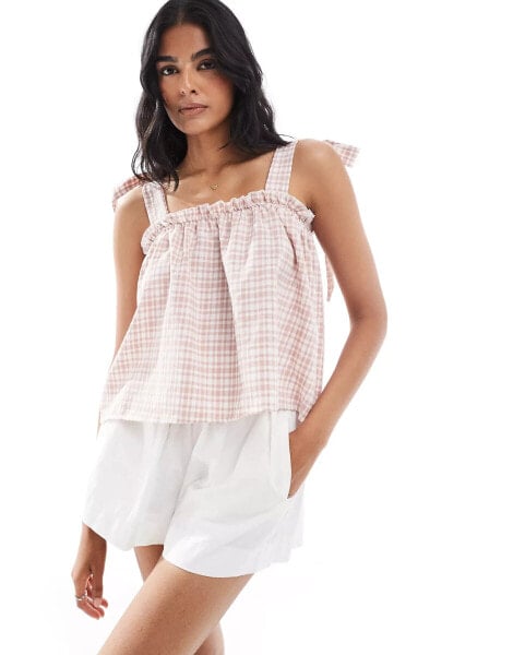 Miss Selfridge tie shoulder gingham top