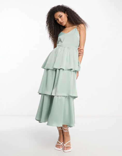 Y.A.S Bridesmaid tiered strappy midi dress in sage