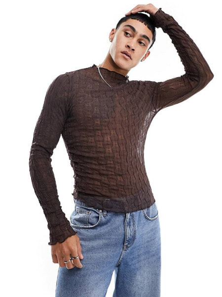 ASOS DESIGN muscle fit long sleeve turtle neck in brown sheer texture