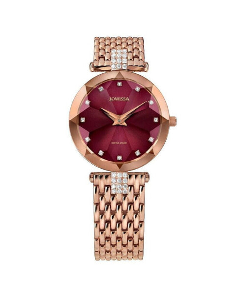 Facet Strass Swiss Rose Gold Plated Ladies 30mm Watch - Burgundy Dial