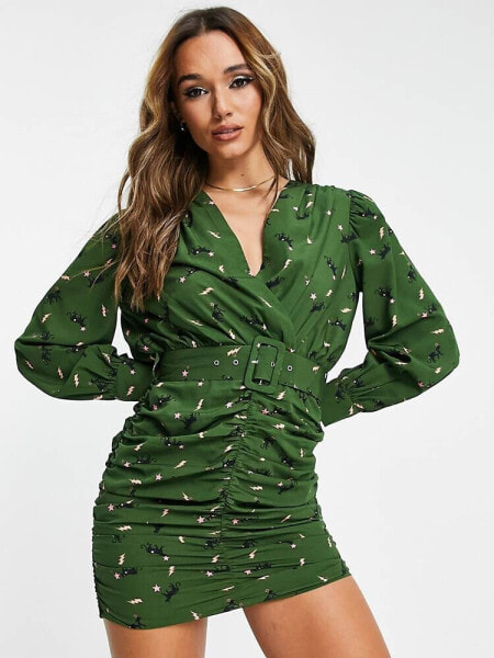 ASOS DESIGN plunge neck belted mini dress with ruched skirt in green pattern