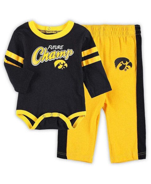 Newborn and Infant Boys and Girls Black, Gold Iowa Hawkeyes Little Kicker Long Sleeve Bodysuit and Sweatpants Set