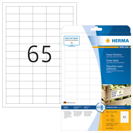 HERMA Labels A4 38.1x21.2 mm white extra strong adhesion paper matt 1625 pcs. - White - Rectangle - Permanent - Paper - Matte - Laser/Inkjet