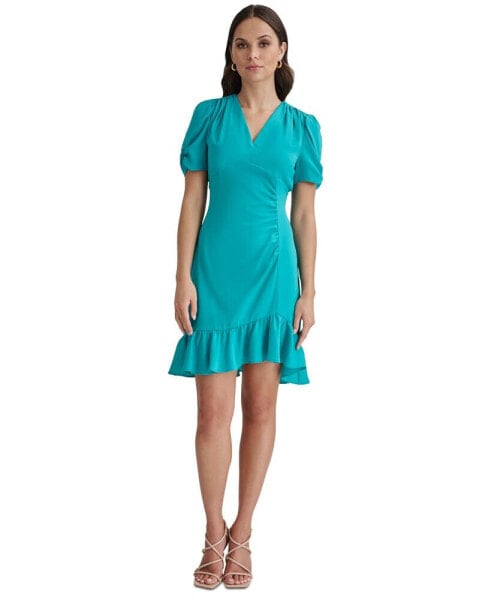 Women's Ruched-Sleeve A-Line Ruffle-Trim Dress