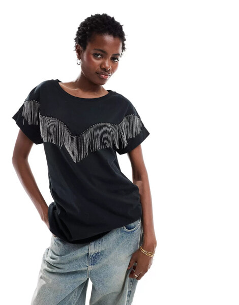 AllSaints Imo Boy tassel t-shirt in black