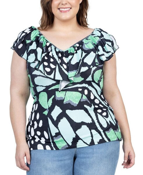 Plus Size Cap Sleeve Ruffle V Neck Top