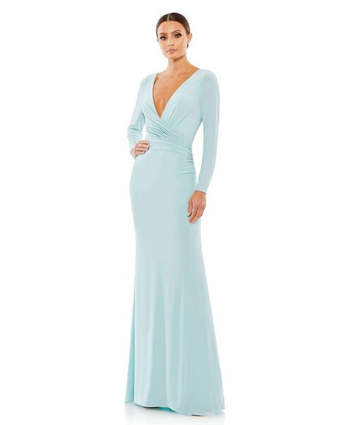 Women's Ieena Long Sleeve Ruched Jersey V-Neck Gown