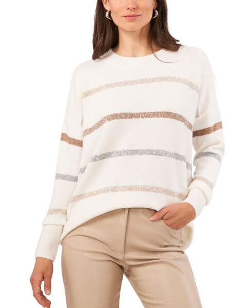 Women's Crewneck Sequin-Stripe Sweater