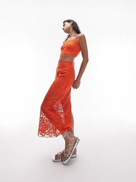 Topshop co-ord premium lace detail midi skirt in orange