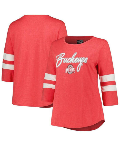 Women's Heather Scarlet Ohio State Buckeyes Plus Size Mascot Sign 3/4-Sleeve T-shirt