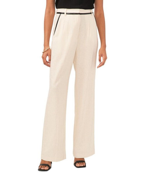 Women's Linen Blend Faux Leather Trimmed Wide Leg Pleated Trousers