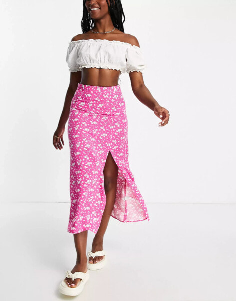 ASOS DESIGN midi slip skirt with thigh split in pink ditsy print