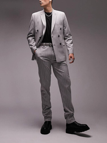 Topman slim striped suit trousers in grey