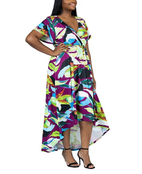 Plus Size V Neck Belted High Low Faux Wrap Dress