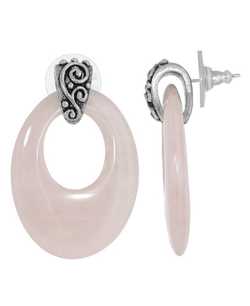 Pewter Semi Precious Oval Rose Quarts Hoop Earrings