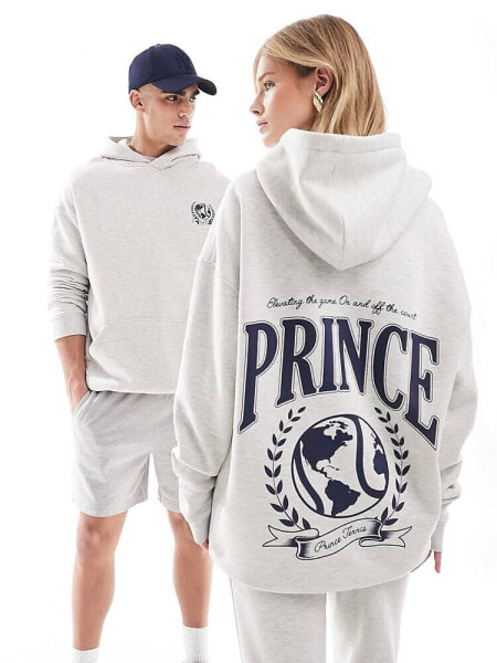 Prince co-ord unisex varsity print hoodie in grey marl