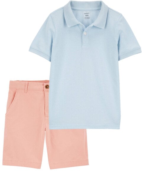 Kid 2-Piece Ribbed Collar Polo Shirt & Chino Shorts Set 8