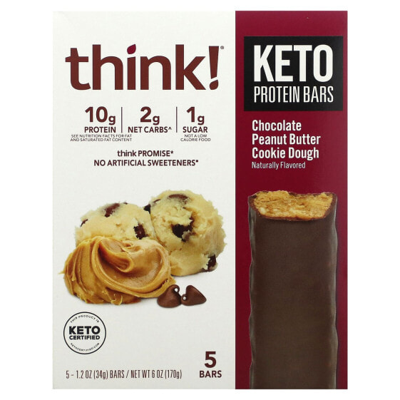 Think !, Keto Protein Bars, шоколадное печенье с арахисовым маслом, 5 батончиков, 34 г (1,2 унции)