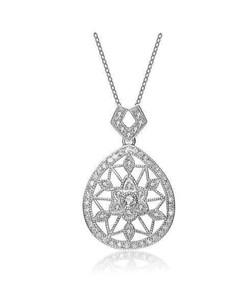 Sterling Silver White Gold Plated Round Cubic Zirconia Antique Lace Drop Pendant