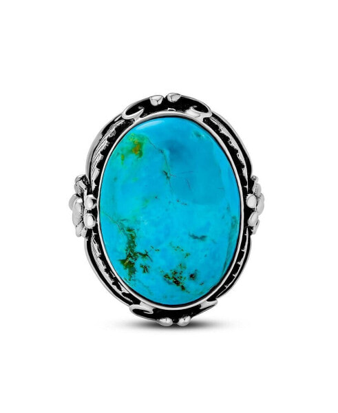 Leaf Large Oval Natural Turquoise Statement Ring Western Jewelry For Women .925 Sterling Silver