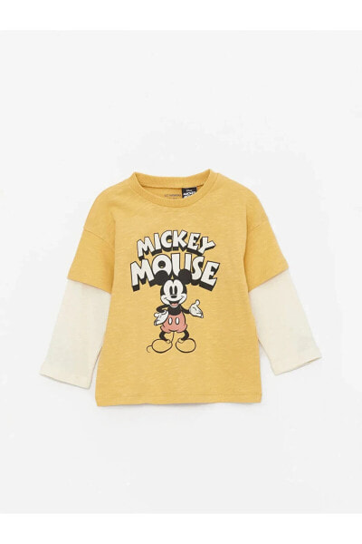 LCW baby Bisiklet Yaka Uzun Kollu Mickey Mouse Baskılı Erkek Bebek Tişört