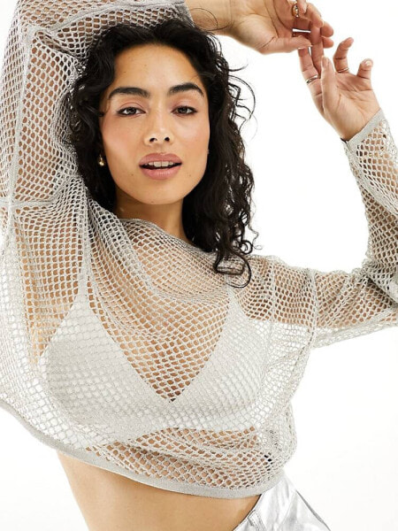 Pimkie long sleeve fishnet top in silver