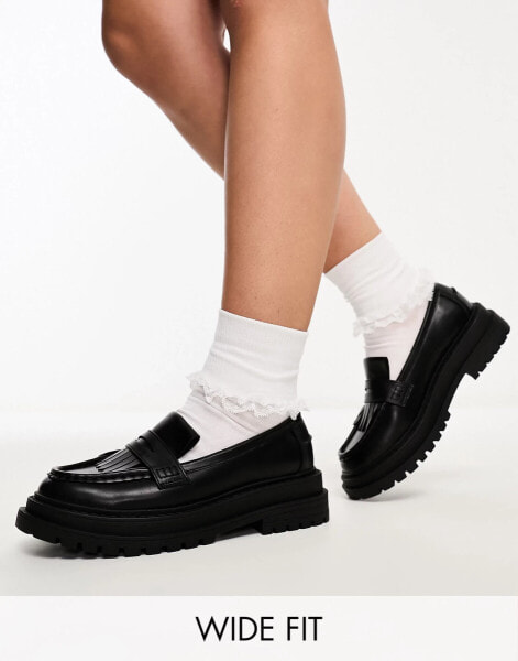 ASOS DESIGN Wide Fit Majesty chunky fringe loafer in black